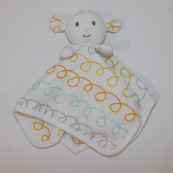 White Lamb Squiggly Lines Writing Rattle Baby Security blanket Lovey Nunu Plush - Picture 4 of 4